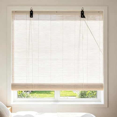 100X100cm Persiana Enrollable de Bambú Blanco Estor de bambú Cortinas Estores Privacidad Protección Rollo bambú Ventanas para Sala de Té al Aire Libre Porche Patio Gazebo,Incluye Accesorios