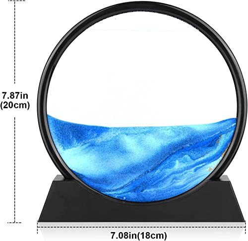 MOROVIK 3D Dynamic Sand Art Liquid Motion, Moving Sand Art Picture Round Glass 3D Deep Sea Sandscape in Motion Display Flowing Sand Frame Relaxing Desktop Home Office Work Decor (7 inch) (Blue)