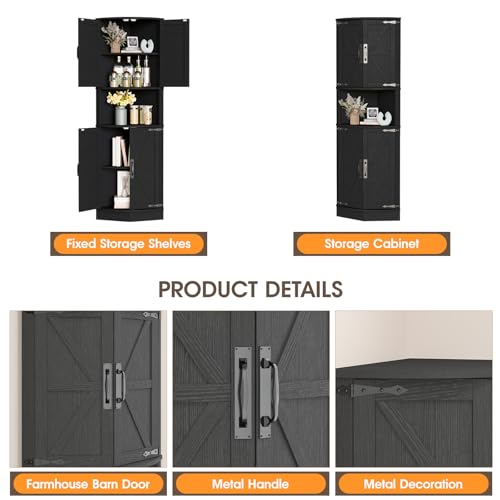 Vabches 64.8" Tall Farmhouse Corner Cabinet with 4 Doors and 5 Storage Shelves, Farmhouse Storage Cabinet with Barn Door Design, Home Space Saver for Living Room, Kitchen, Laundry Room,Black