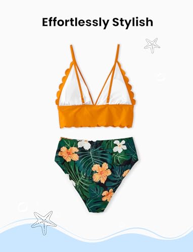Family Matching Solid Scallop Trim Strappy Two-Piece Swimsuit and Allover Floral Print Swim Trunks Shorts4