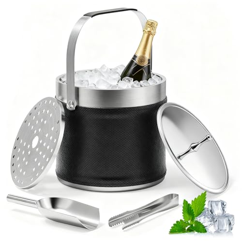 3,2 L Eiswürfelbehälter mit Deckel und Zange Eisbehälter Edelstahl Doppelwandig mit Schöpfkelle, Sieb, isolierter Edelstahl-Champagnerkühler mit schwarzer Isolierlederhülle