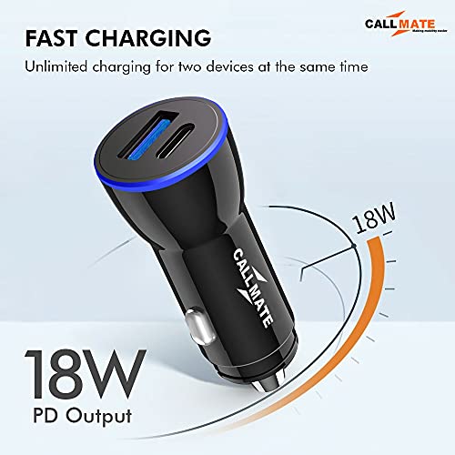 Image of CALLMATE TEP-21,Dual Port Car Charger with Type-C PD 18W Port and USB A Quick Charge QC 3.0 Port, LED Indicator Charging Compatible with iPhone13 /12 /11 Pro /Max /XR /XS,iPad Pro /Air,Galaxy S21 /10 /9