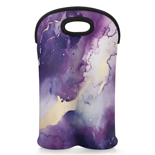 GzLeyigou 2 Bottles Marble Skin Wine Bag Sleeve Totes Abstract Gradient Purple Neoprene Protective Wine Carrier Bag for Wine,Water, Champagne, Beer, Baby Bottles,Gift 14.5 x 10 Inches
