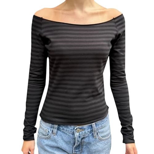 Camiseta de manga larga para mujer, con hombros descubiertos, a rayas, Y2k, cuello en U, manga larga, básica, con rayas, camiseta de rizo, vintage, bonita manga larga, ropa de calle, azul oscuro, L
