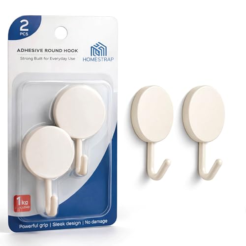 Image of HomeStrap Round Self Adhesive 2 Wall Hooks | Multipurpose Stick-On Hooks with No Screw Installation & No Wall Marks for Bathroom, Kitchen, Bedroom & Entryway Hanging Keys, Towels & Accessories