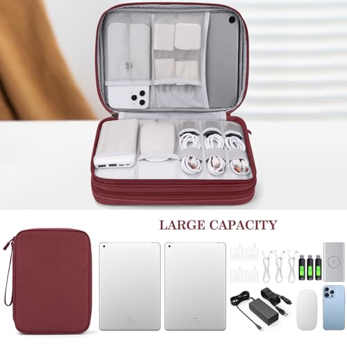 Image of FYY Electronic Organizer, Extra Large Travel Cable Organizer Bag Pouch Portable Waterproof Double Layers All-in-One Storage Bag for iPad, Cable, Power Bank, Laptop Charger for Office /Home, Wine Red