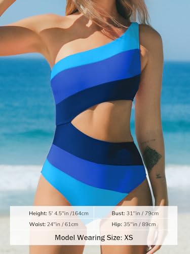 Image of CUPSHE Women One Piece Swimsuit One Shoulder Bathing Suit Cutout Monokini | Removable Soft Cups, Color Block, Classic Bum Coverage, Swim Suit For Beach Vacation Cruise Pool Party