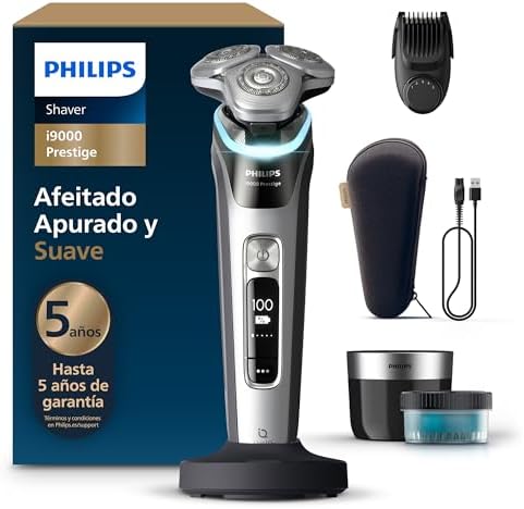 Philips i9000 Prestige, Afeitadora Eléctrica Hombre, Máquina de Afeitar Barba en Seco y Mojado, Tecnología SkinIQ, Base de Carga, Recargable, Estuche, Centro de limpieza, Recortador, XP9204/30