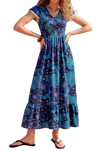 Kate Kasin Long Summer Dresses for Women 2026, Casual V Neck Cap Sleeve Boho Maxi Dress, Flowy A Line Hawaiian Beach Dresses with Pocket