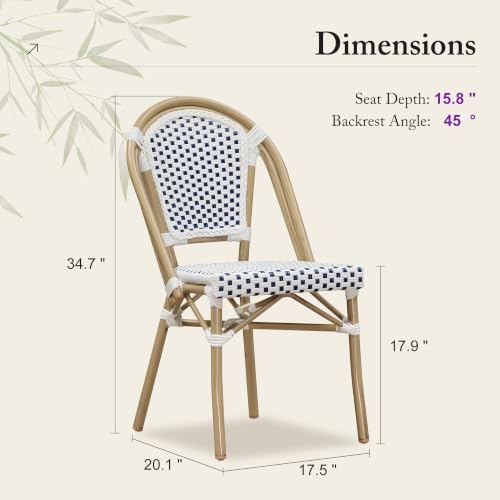 Image of PURPLE LEAF Outdoor Dining Chair Set of 4 Patio French Aluminium Frame in Champagne Finish with Sky Blue & White Woven Rattan for Indoor Kitchen Deck Bistros Cafe Restaurant