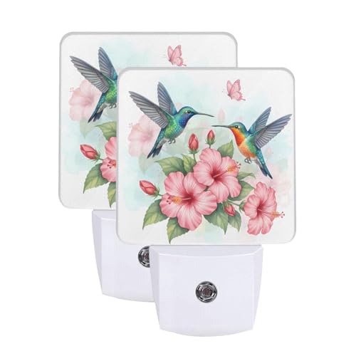 Image of Futterya Plug-in LED Night Light, Hummingbird Hibiscus Set of 2 Dusk-to-Dawn Auto Sensor Decor Lamp