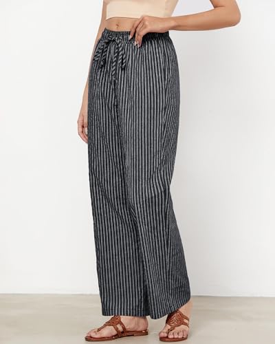 MINTLIMIT Women Striped Linen Pants Drawstring Casual Wide Leg Elastic Waist Trousers Loose Summer Lounge Pants with Pockets2