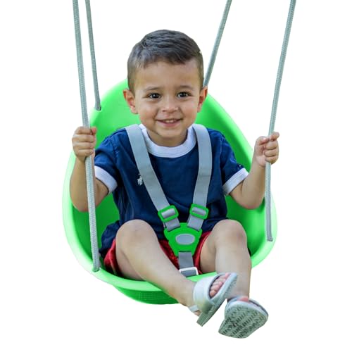 Swurfer Coconut Toddler Swing Comfy Baby Swing Outdoor 3-Point Adjustable Safety Harness Secure Safe Quick Click Locking System Blister-Free Rope Ages 9 Mos and Up Green