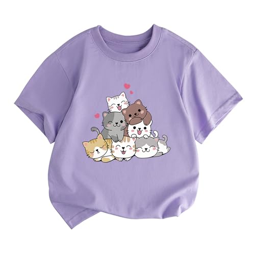 Image of KEEVICI Cute Cartoon Cat Shirts for Girls Kids Graphic Tees Kawaii Animal Pattern T Shirt Cotton Crewneck Summer Loose Tops