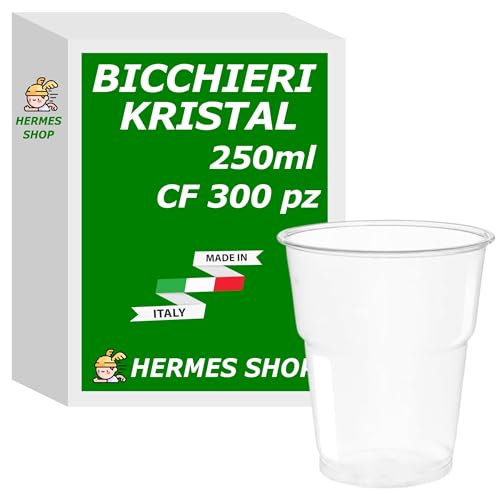 Hermes Shop - 300 Bicchieri Kristal da 250 cc - Plastica Dura Trasparente - Bicchiere Usa e Getta 250 ml per Eventi e Feste, per Birra, Cocktail e Bar - Made in Italy - (6 cf da 50 Bicchieri)