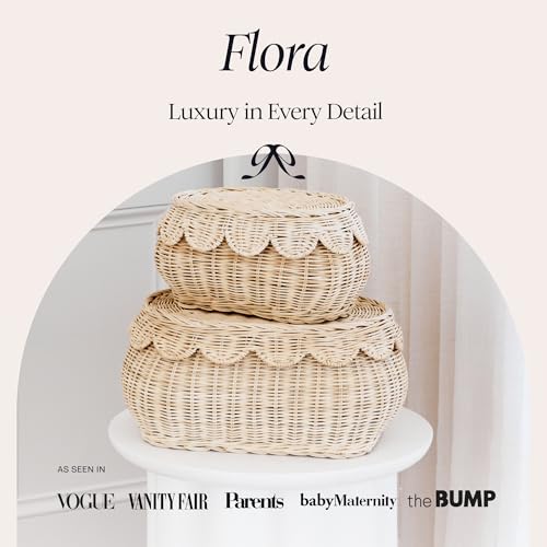 BEBE BASK The Original Scalloped Basket Set Of 2 – Small Scallop Basket - 15 x 10 x 6 In - Hand-Woven & Award-Winning - Elegant Wicker With Scalloped Edge Lid - Nursery Storage - (Natural)