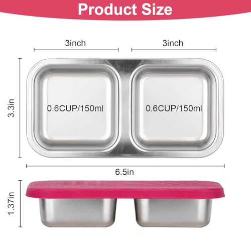 DOSEWART 2-Compartment 10oz Stainless Steel Snack Containers, Reusable Snack Containers with Silicone Lids Lunch Box for Meal Prep Food Storage On-the-Go Snacking(2 Pack)