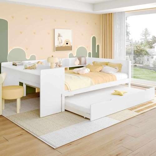 YEHTOKHOME Lit Plat avec Bureau et étagères, Moderne lit en Bois avec sommier à Lattes,avec...