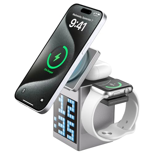 MiliPow Wireless Charger with Speaker Pixel Alarm Clock, 15W Fast Charging Station for iPhone 16/15/14/13/12/Watch/Earbuds