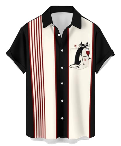 QIVICIMA Men's Retro Bowling Shirts 50s Vintage Button Down Shirts Color Block Active Flamingo Print Shirt ZC Retro Cat XL