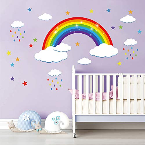 decalmile Regenboog Muurstickers Witte Wolken Kleurrijke Regendruppels en Sterren Muurtattoo Baby Kinderkamer Kinderen Slaapkamer Wanddecoratie
