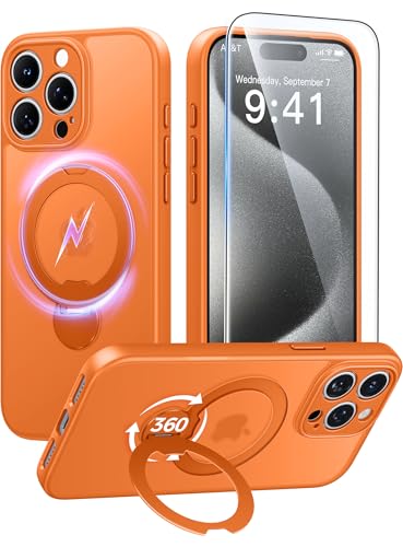 Image of FNTCASE for iPhone 15 Pro-Max Case: [360 Spin Magnetic Stand] [Compatible with Magsafe] [Screen Protector] Translucent Matte Military Grade Shockproof Full Camera Protective Phone Cover - Orange