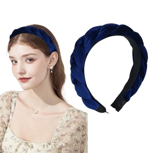 Haarreif Samt Geflochten Haarreifen Damen Stirnband Breit Haarband Vintage Gepolsterte Haarreifen Mode Stirnbänder Haarschmuck Kopfband für Frauen Mädchen Blau