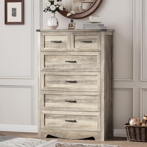 Image of Dresser for Bedroom with 6 Drawers, 46 inch Tall Wood Chest of Drawers with Deep Drawers & Mental Handle, Modern Dresser TV Stand, Wooden Closet Storage Organizer for Living Room, Hallway, Entryway, Grey