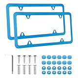 Alpmosn 2PCS Stainless Steel License Plate Frames, 4 Holes Car Licence Plate Covers with Screws Washers and Caps, Car Exterior Accessories, License Plate Holder for US Vehicles (Blue)