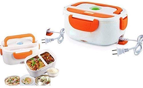 Image of Portable Electric Food Warmer Lunch Box in White and Orange with compartments and Heating Indicators for Convenient hot Meals on the go.