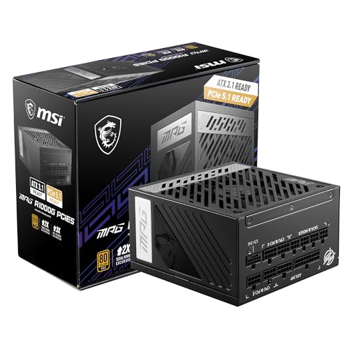MSI MPG A1000G PCIE5 Bloc d'alimentation Prise EU, 1000W, Certifié 80 Plus Gold, ATX 3.0 100 pour cent Modulaire, Support GPU PCIe 5.0, Condensateurs Japonais 105°C, Mode 0 RPM, Câbles plats