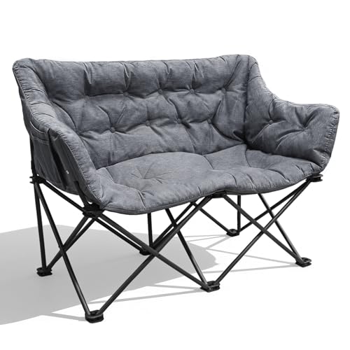 Doppel Campingstuhl Faltbar, Campingsofa für 2 Personen 320kg, Campingsessel Gepolstert, Camping Sofa mit 2 Sitzer für Outdoor Indoor, Grau