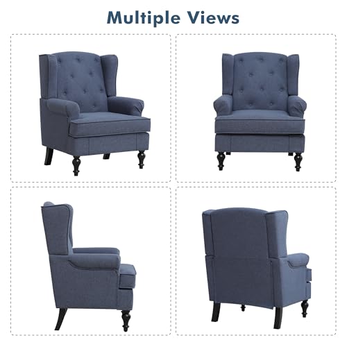 choairy Accent Chair Set of 2, Mid Century Modern Fabric Wingback Chair, Upholstered Armchair with High Back and Vintage Legs, Comfy Single Sofa Side Reading Chair for Living Room Bedroom, Blue