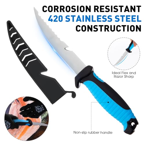 Image of RoundFunny 10 Pcs Fishing Tool Kit, Fishing Pliers with Lanyard and Protective Sheaths, Landing Net, Fillet Knife, Fish Scale, Gripper, Hook Remover, Braid Scissors, Gloves for Men Dad Gift
