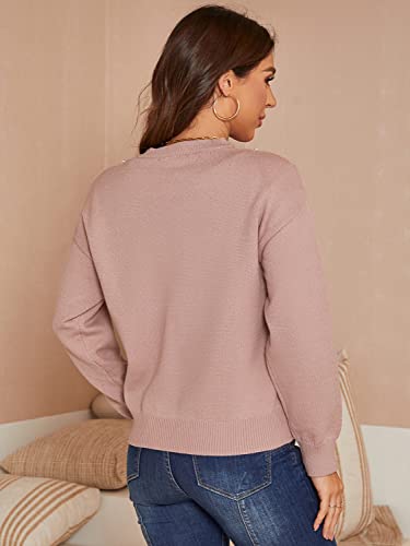 Miessial Women's Crewneck Long Sleeve Pearl Sweater Pullover Fashion Ribbed Knit Sweater Jumper Top Pink Large #TOP3
