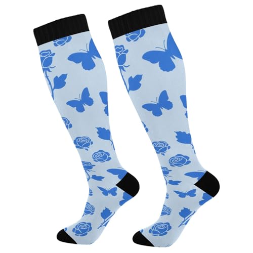 aidingzhi Fashion Blue Rose Flower Butterfly knee high compression sock for travel for men mujer 2 pair