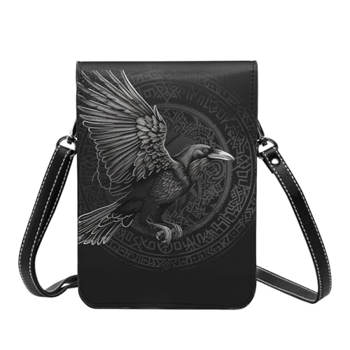 Crow raven celtic viking design gothic black crossbody cell phone purse for womens lightweight small soft leather fashion travel wallet with adjustable strap4