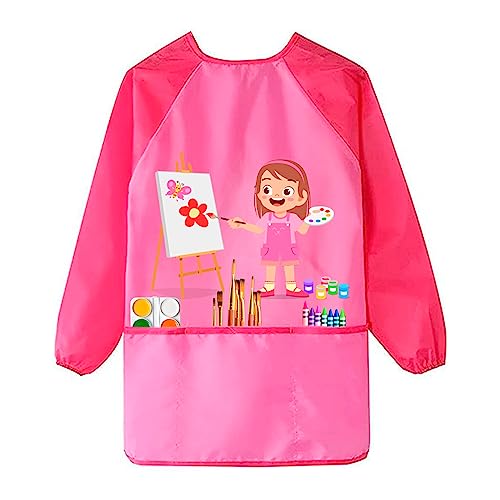 Grembiule Pittura Bambini 3-7 Anni - Grembiule da Pittura con Maniche lunghe 3 Tasche Rosa Plastificato Bambina Impermeabile - Grembiulino per Dipingere Scuola Asilo Cucina Casa - Design Tema Artista