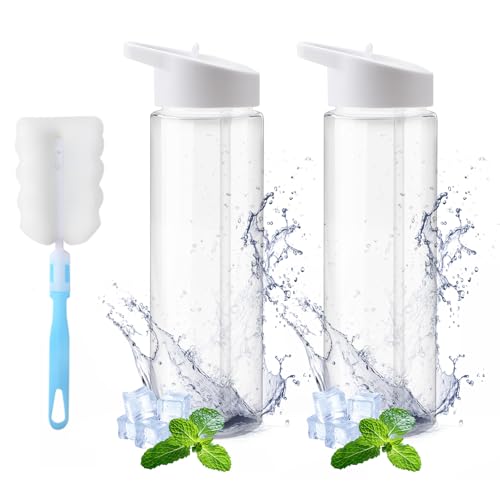 DAWRIS 2 PCS Leak-Proof Sports Water Bottles,BPA Free 700 ml Sports Water Bottle with Straw & Brush,Gym Water Bottle,Leak Proof Re-Usable Flip Top Drinks Bottles,Sports Flask for School Outdoor Sports