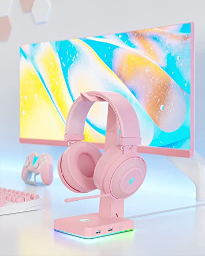 IFYOO RGB Gaming Headset Stand with 2 USB Ports, Game Headphone Mount for PC, Xbox One, PS4, Switch, Earphone Holder Hanger, Great for Gaming Stations, Fancy Desk Gamer Accessories, Pink - Thumbnail 7