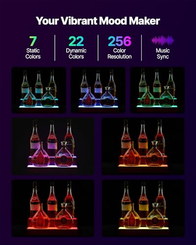 Image of VEVOR LED Lighted Liquor Bottle Display, 2-Tier 16 Inch Whiskey Rack, Supports USB, Illuminated Home Bar Shelf with RF Remote & App Control, 7 Static Colors, Acrylic+ Wood Lighted Shelf for 8 Bottles