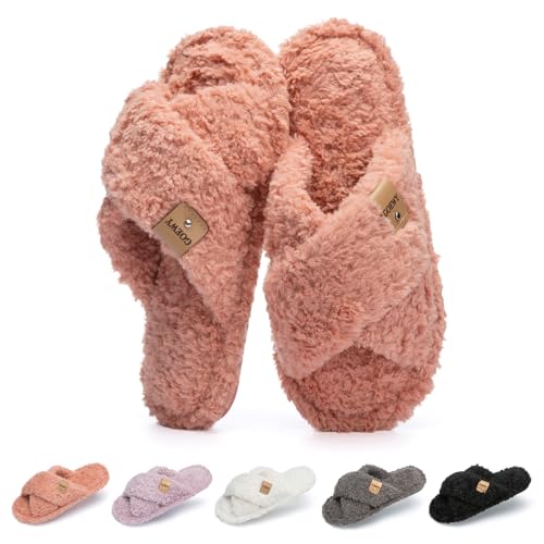 Image of GOEWY Fuzzy Open Toe Slippers for Women Cozy Memory Foam House Shoes Indoor | Cute Cross Band,Soft Faux Fur,Anti-slip Sole Outdoor,Machine-washable,Lightweight,Slip on Gifts for Women,Mom and Bridesmaid