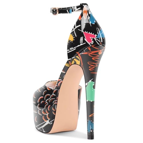 Image of TNYNFBEB Womens Stiletto High Platform Heel Peep Open Toe Sandals Ankle Strap Buckle Prom Party Dress Patent Leather 6.1 Inches Heels