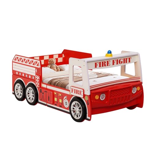 LKTART Twin Size Car Bed for Kids Fire Truck-Shaped Wooden Platform Bed Frame with LED Lights Headboard Wheels and Support Slats for Boys Toddlers Childs Bedroom (Red)