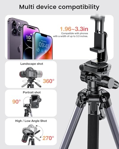 Trípode Profesional de Aluminio 188cm, Soporte Ajustable 360° para Cámara DSLR/Móvil/Videocámara, Trípode Ligero de Viaje con Bolsa y Soporte para iPad/Smartphone (Carga 4kg) - Imagen 6