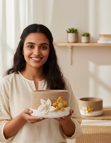 Image of Round Cotton Storage With Lid Gift Basket for Closet Wardrobe Packing, Wedding Organizer, Eco- Friendly Bins Organizer (Beige and White) for Home, Office with Handcrafted Jute Flowers.