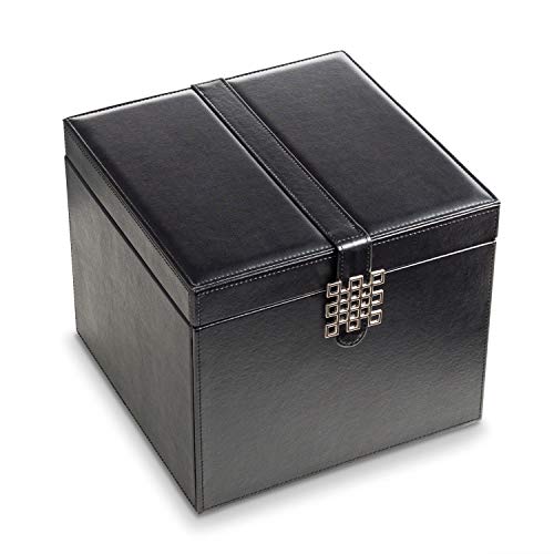 Glenor Co Earring Organizer Holder - 75 Small & 4 Large Slots Classic Jewelry Box with Drawer & Modern Closure, Mirror, 4 Trays Earrings, Ring or Chain Storage - PU Leather Case - Black