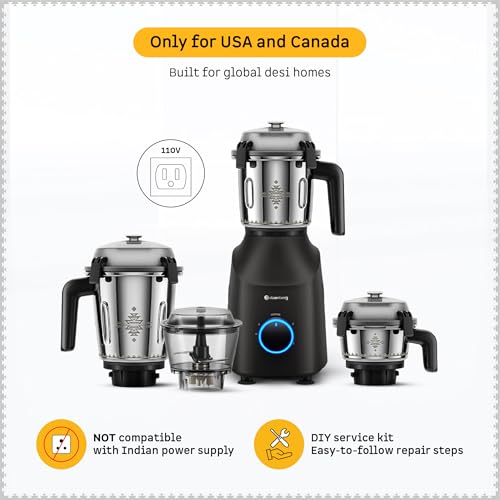 Image of Atomberg Tavi Mixer Grinder |110 V only for US & Canada | Unique Coarse Mode for Silbatta-Like Texture | Intelligent 600W Motor | 4 Jars Including Chopper Jar | Matte Black