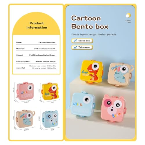 Image of YELONA 2-Layer Cartoon Shape Kids Lunch Box | Stainless Steel Inner, 3 Compartments | Airtight Leak-Proof BPA-Free Meal Box | 1120 ML + 70 ML Sauce Cup | School, Picnic Tiffin for Girls & Boys