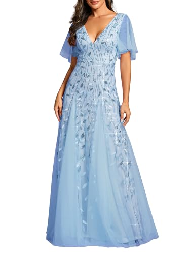 Ever-Pretty Robe de Demoiselle d’Honneur Manches Fluides A Line Col V Paillettes Tulle pour Femme Bleu Ciel 42